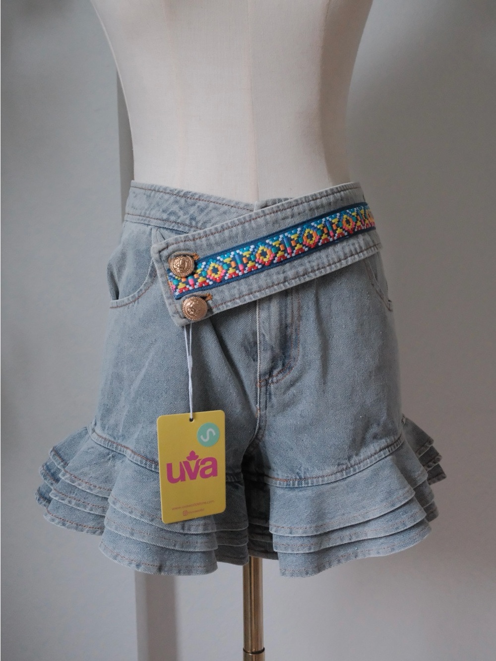 Embroidered Belt Light Wash Denim Skort - Blue